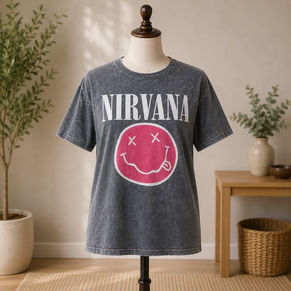 Nirvana T-Shirt Mens Large Gray Acid Wash Smiley Face Live 93 Tour Graphic Tee